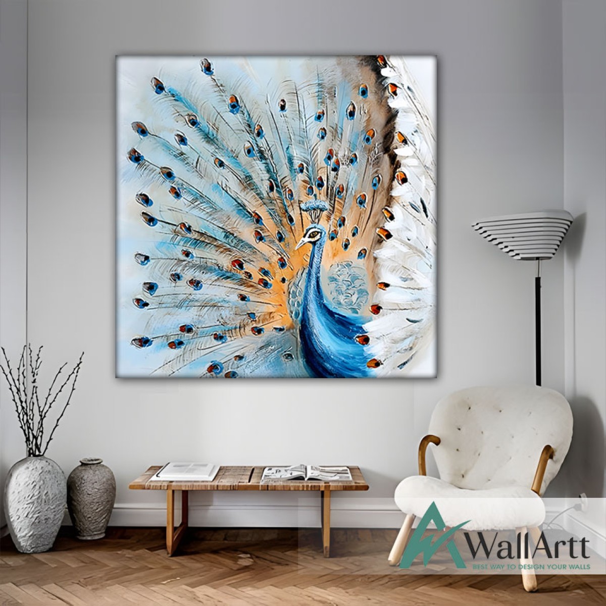 Blue Peacock Textured Partial Oil Painting